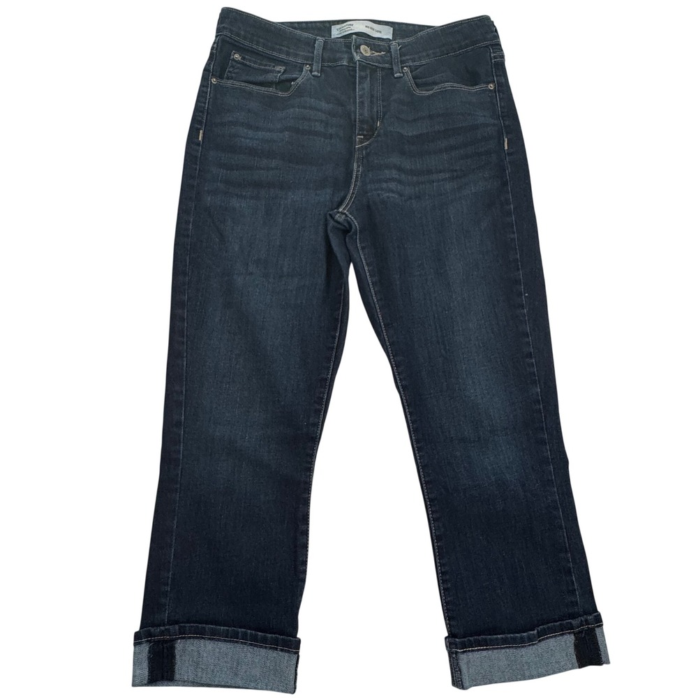 Signature Levi Strauss Mid Rise Capri Women 8 Dark Wash Cuffed Stretch Denim - Picture 3 of 8